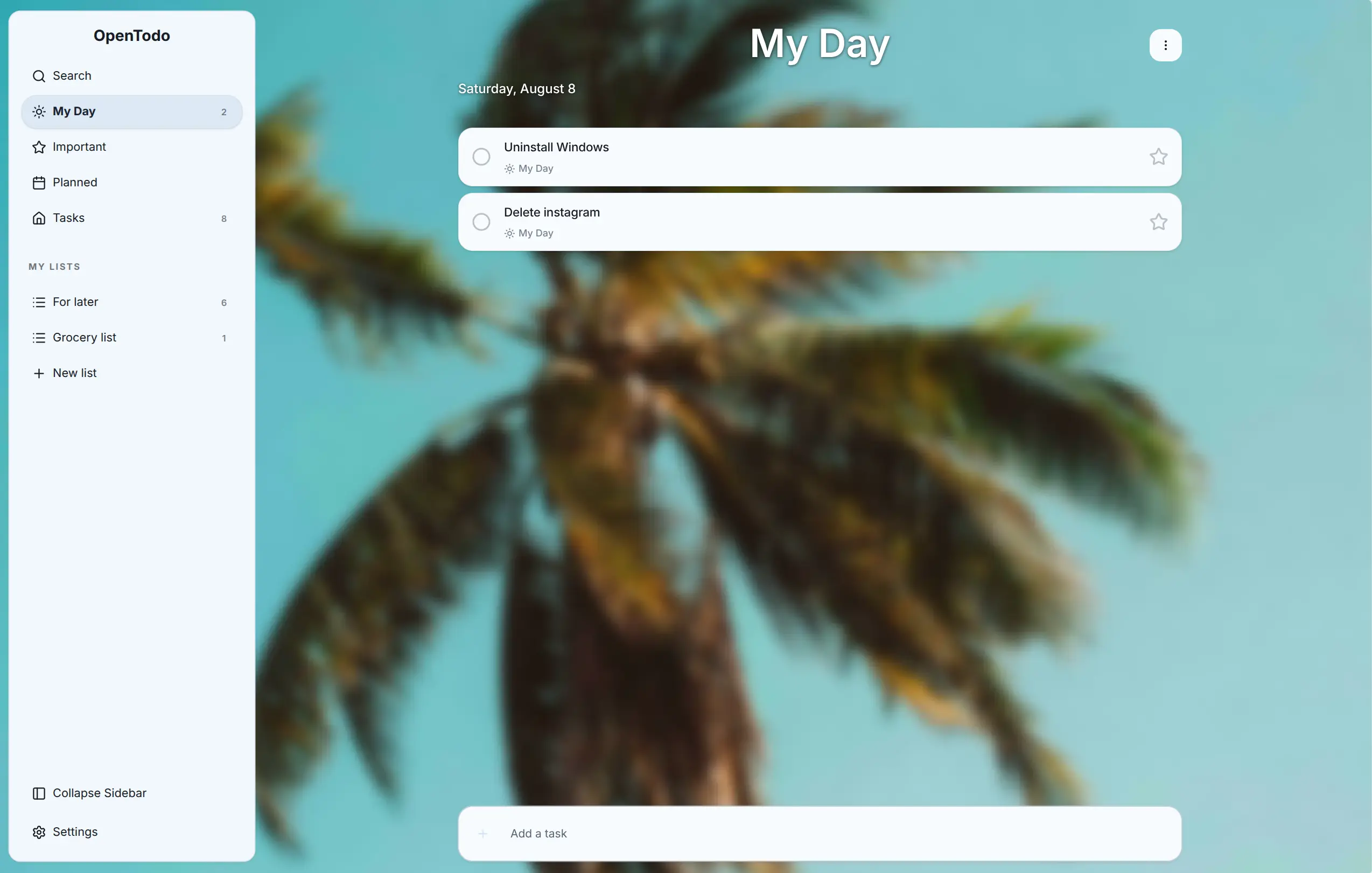OpenTodo desktop view with smart lists and tasks in My Day